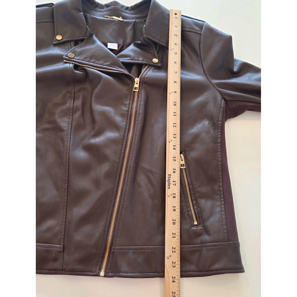Chicos Brown Faux Leather Moto Jacket Size 3 US 16/18 Gold Hardware Asymmetrical - Picture 15 of 16